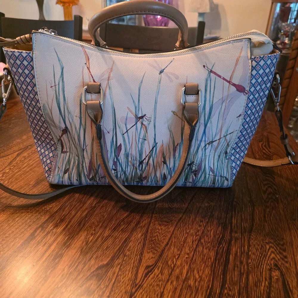Parfois Dragonfly Nature Print Satchel Crossbody Bag Tan Blue White Cottagecore